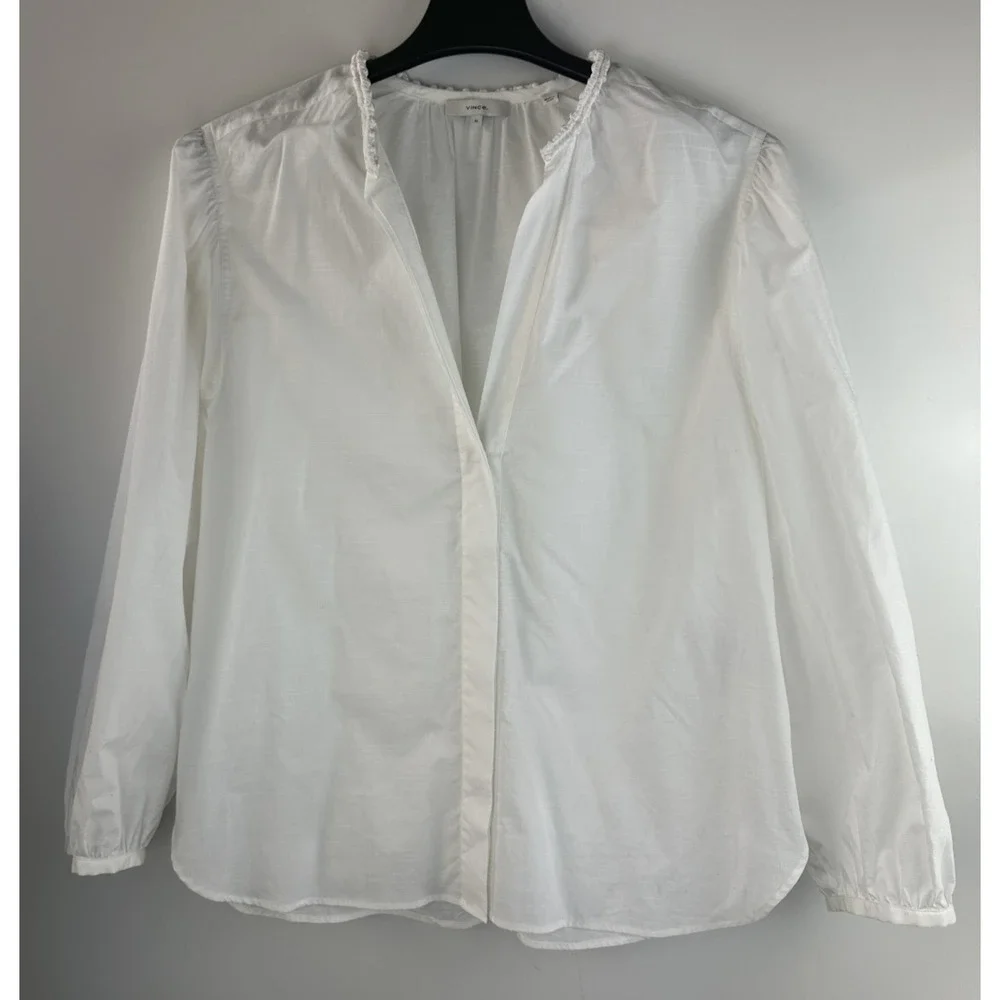 Vince Women's Braid Trim Band Collar Blouse White Button up Top Deep V-Neck XL - Picture 2 of 16